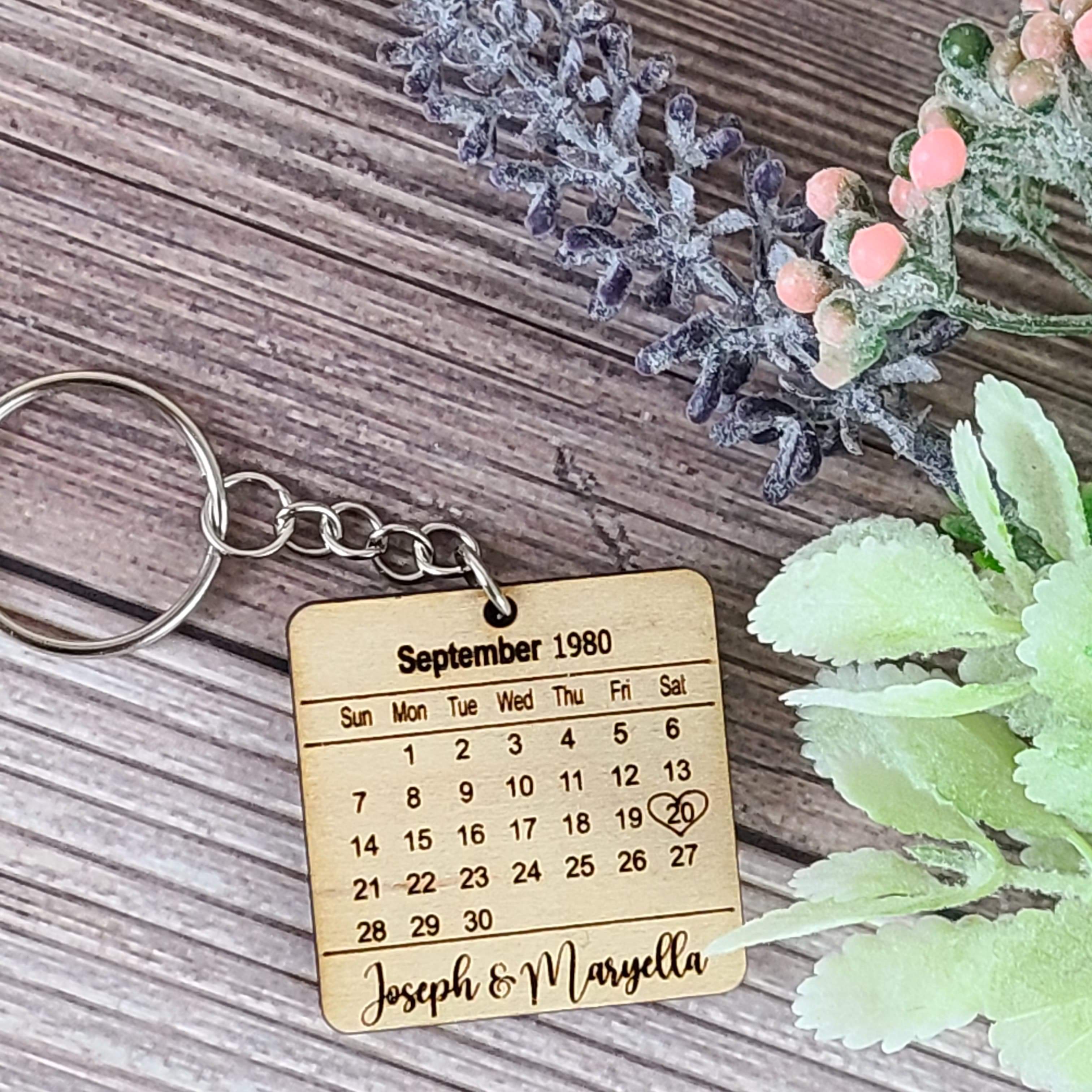 Engraved Calendar Wooden Keychain with Names & Date - Semper-KIK