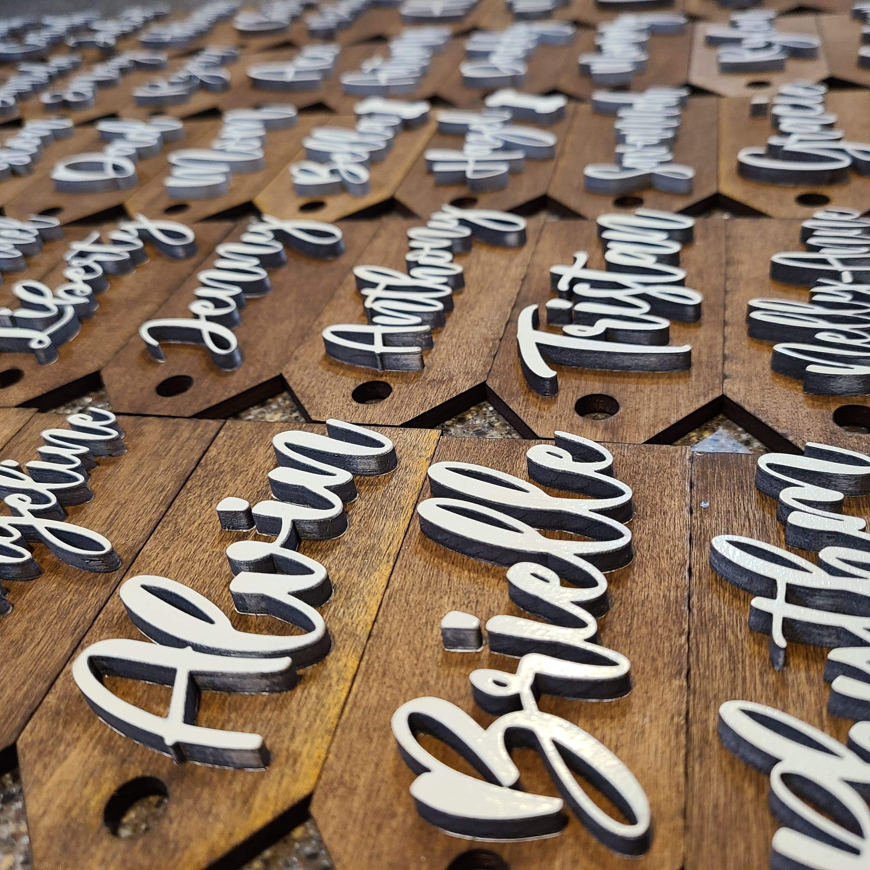 Custom Laser Cut Wood Stocking Tags - Walnut stained base White 3D Letters - Semper-KIK