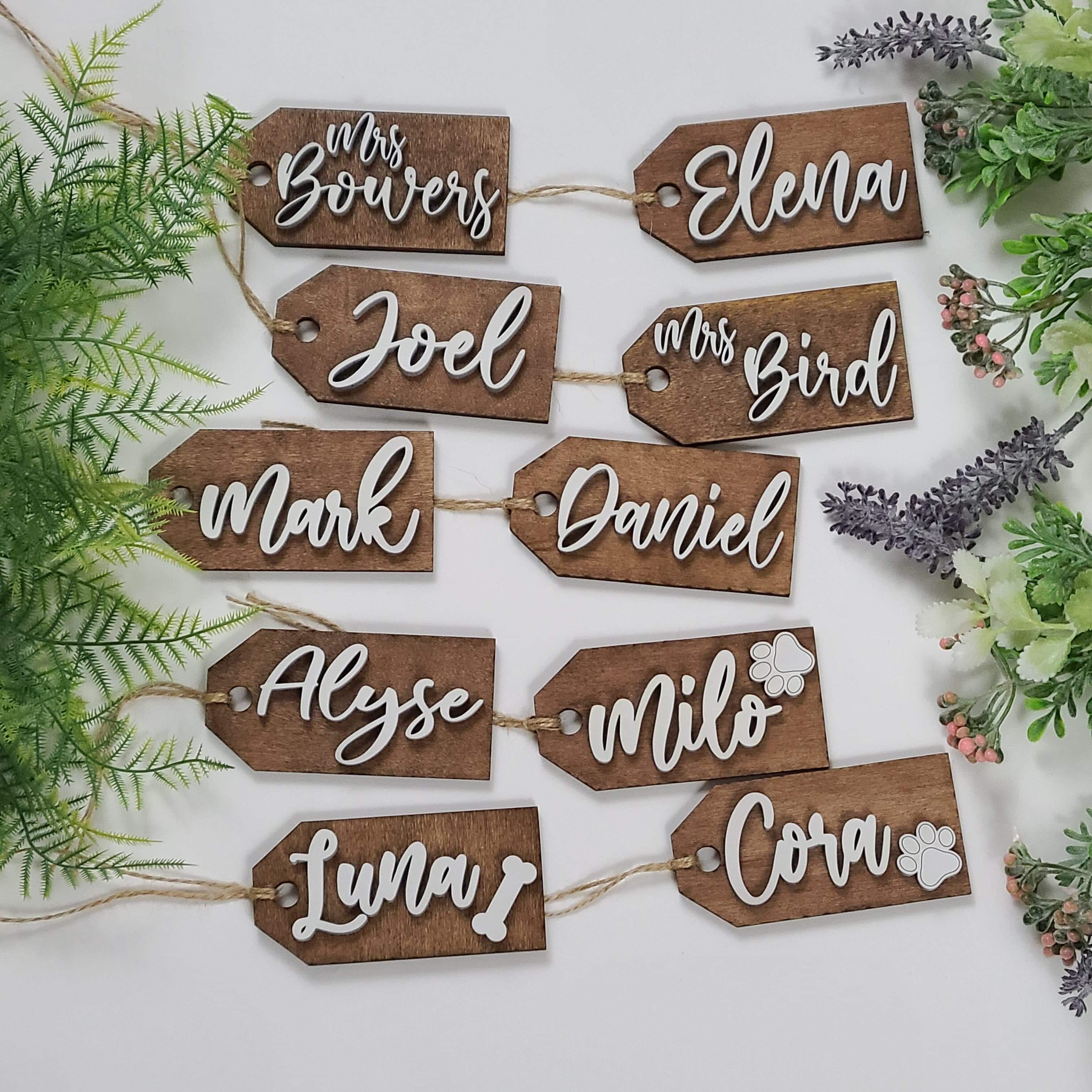 Custom Laser Cut Wood Stocking Tags - Walnut stained base White 3D Letters - Semper-KIK