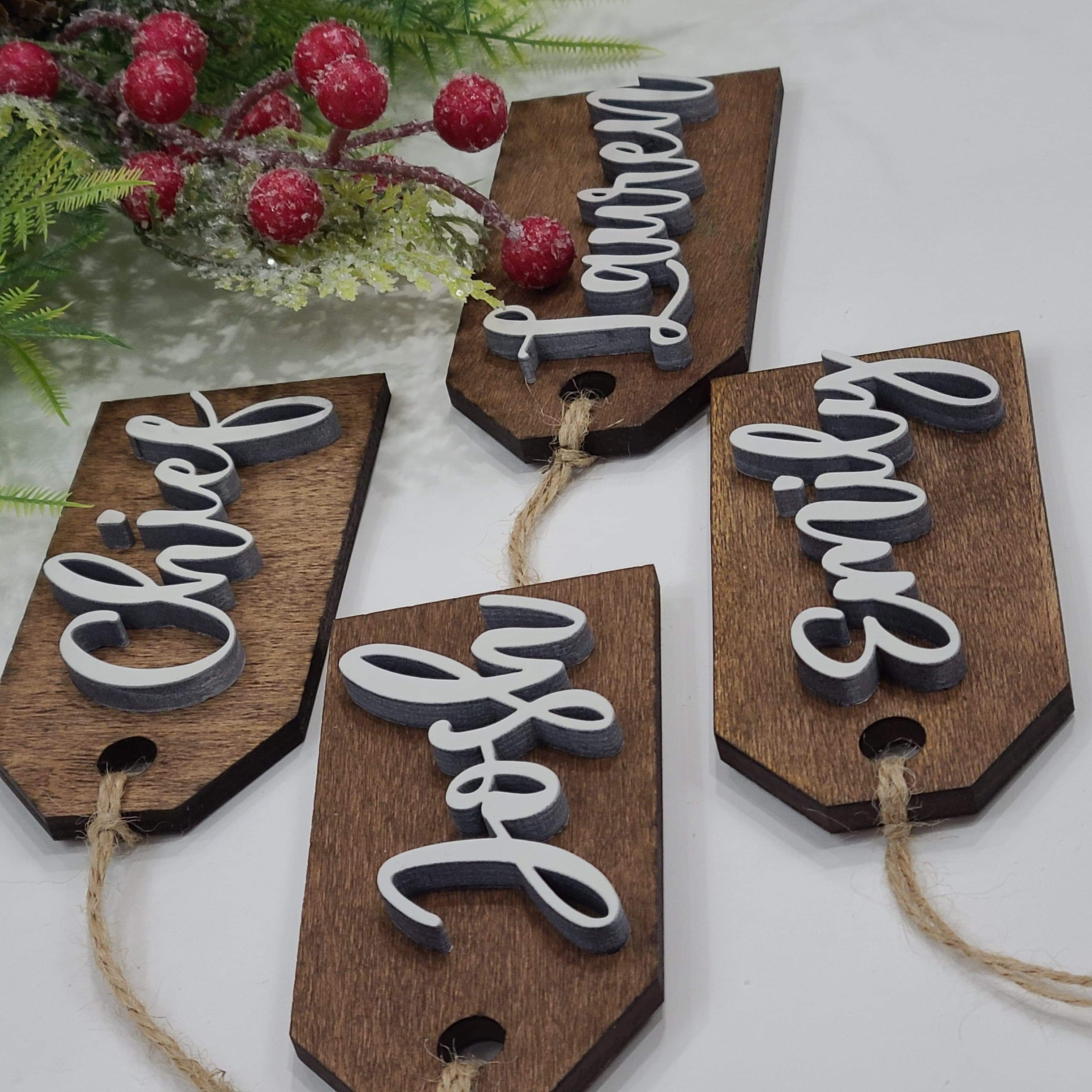 Custom Laser Cut Wood Stocking Tags - Walnut stained base White 3D Letters - Semper-KIK