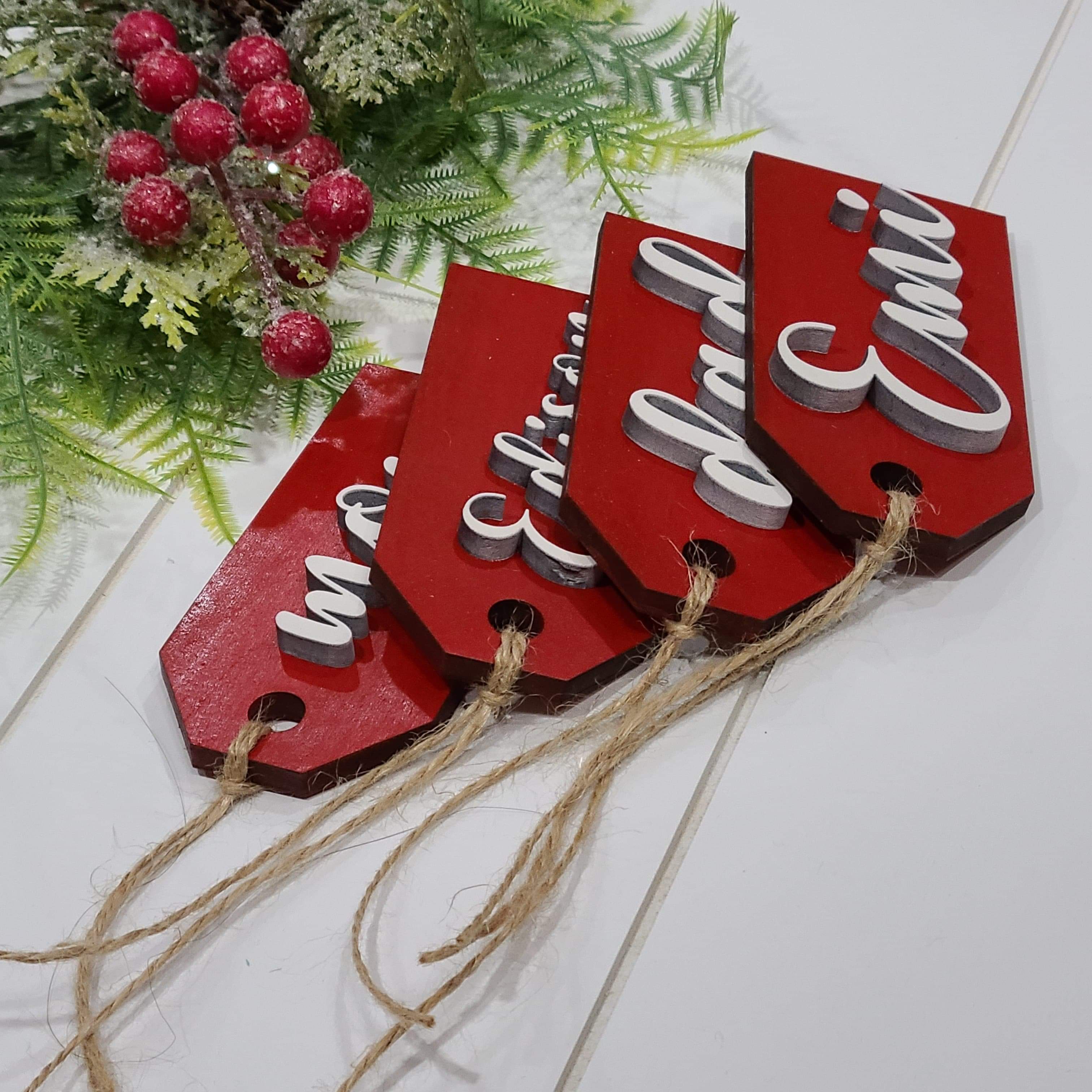 Custom Laser Cut Wood Stocking Tags - Custom color Base and Letters - Semper-KIK