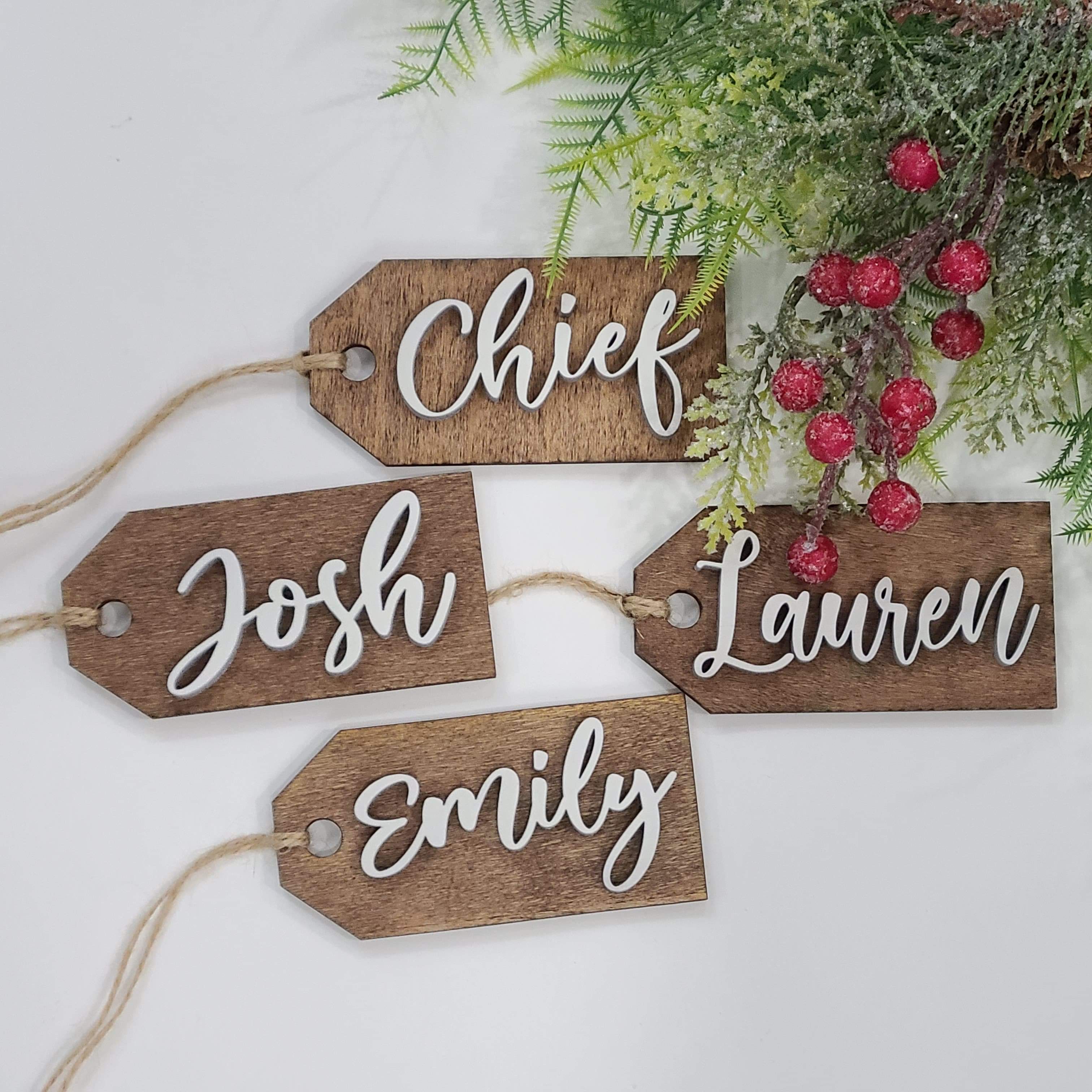 Custom Laser Cut Wood Stocking Tags - Walnut stained base White 3D Letters - Semper-KIK