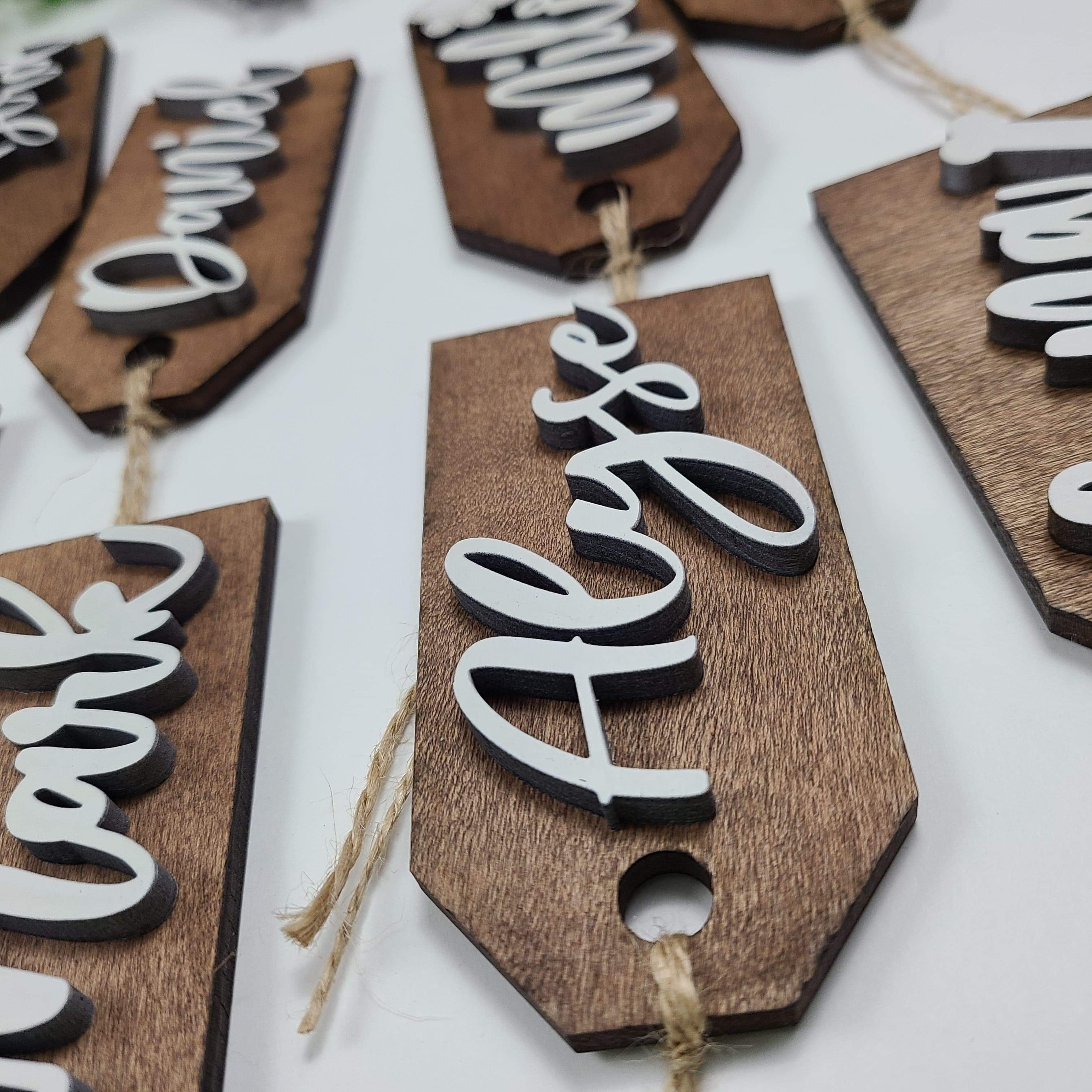 Custom Laser Cut Wood Stocking Tags - Walnut stained base White 3D Letters - Semper-KIK