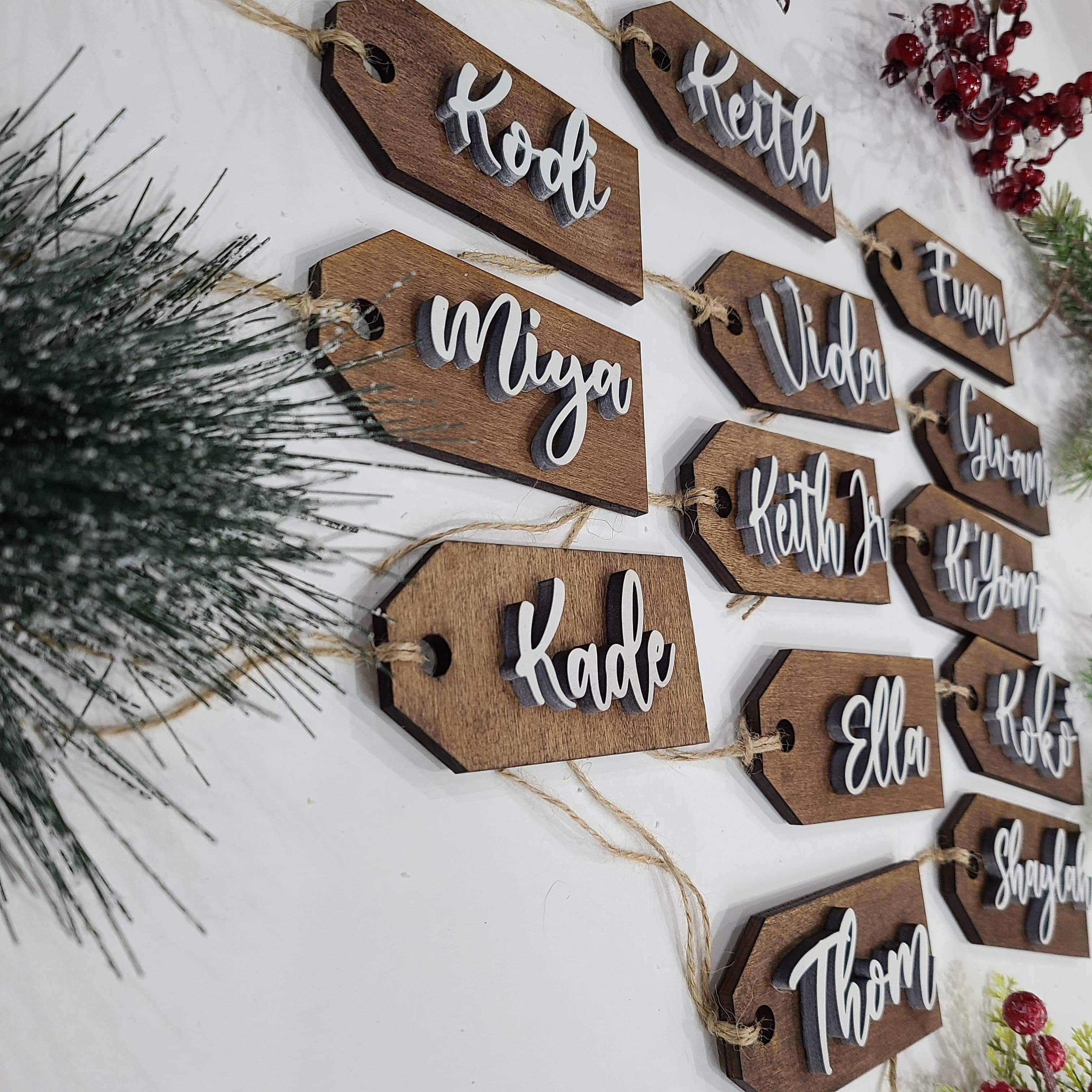 Custom Laser Cut Wood Stocking Tags - Walnut stained base White 3D Letters - Semper-KIK