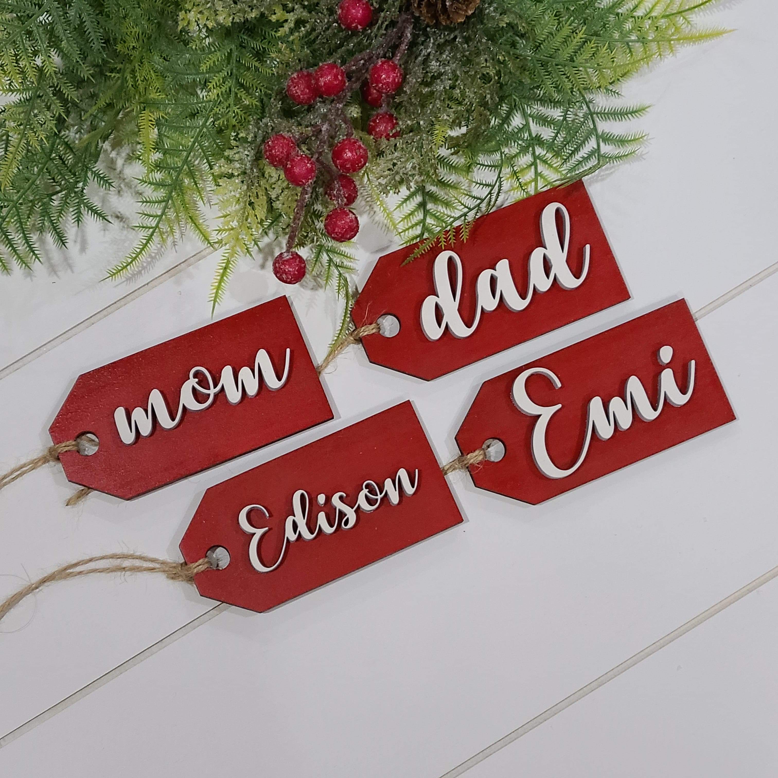 Custom Laser Cut Wood Stocking Tags - Custom color Base and Letters - Semper-KIK
