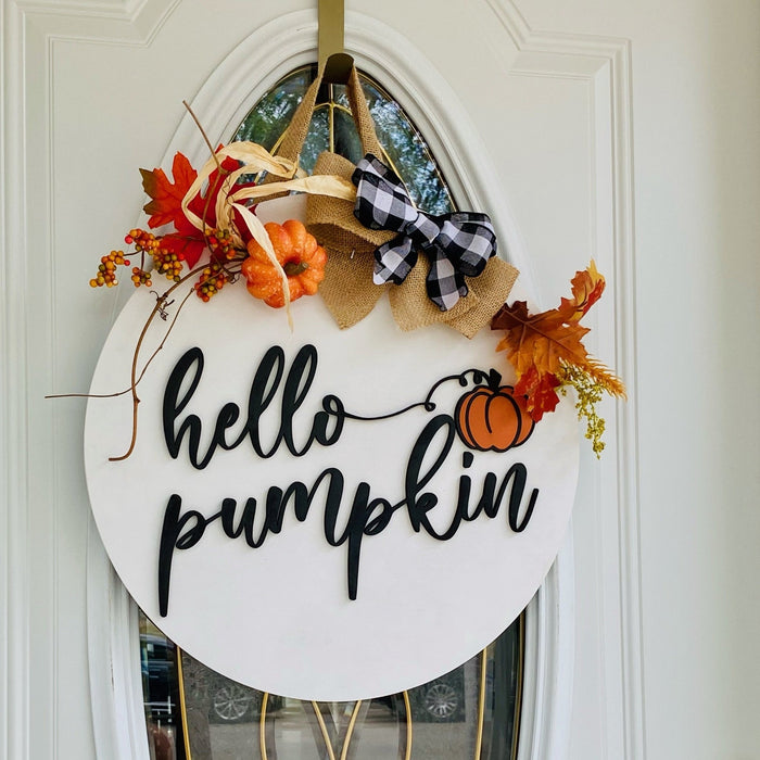 18" Hello Pumpkin - Wooden Door Hanger - Rustiva