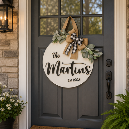 18" Personalized Wood Door Hanger - Last Name and Date - Rustiva