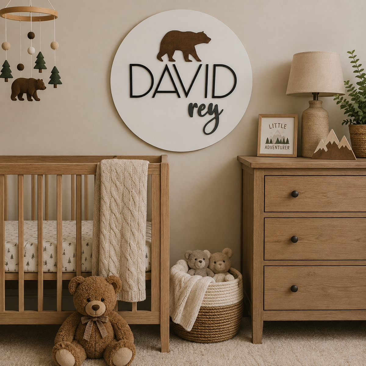 Personalized bear nursery name sign with raised 3D wooden lettering