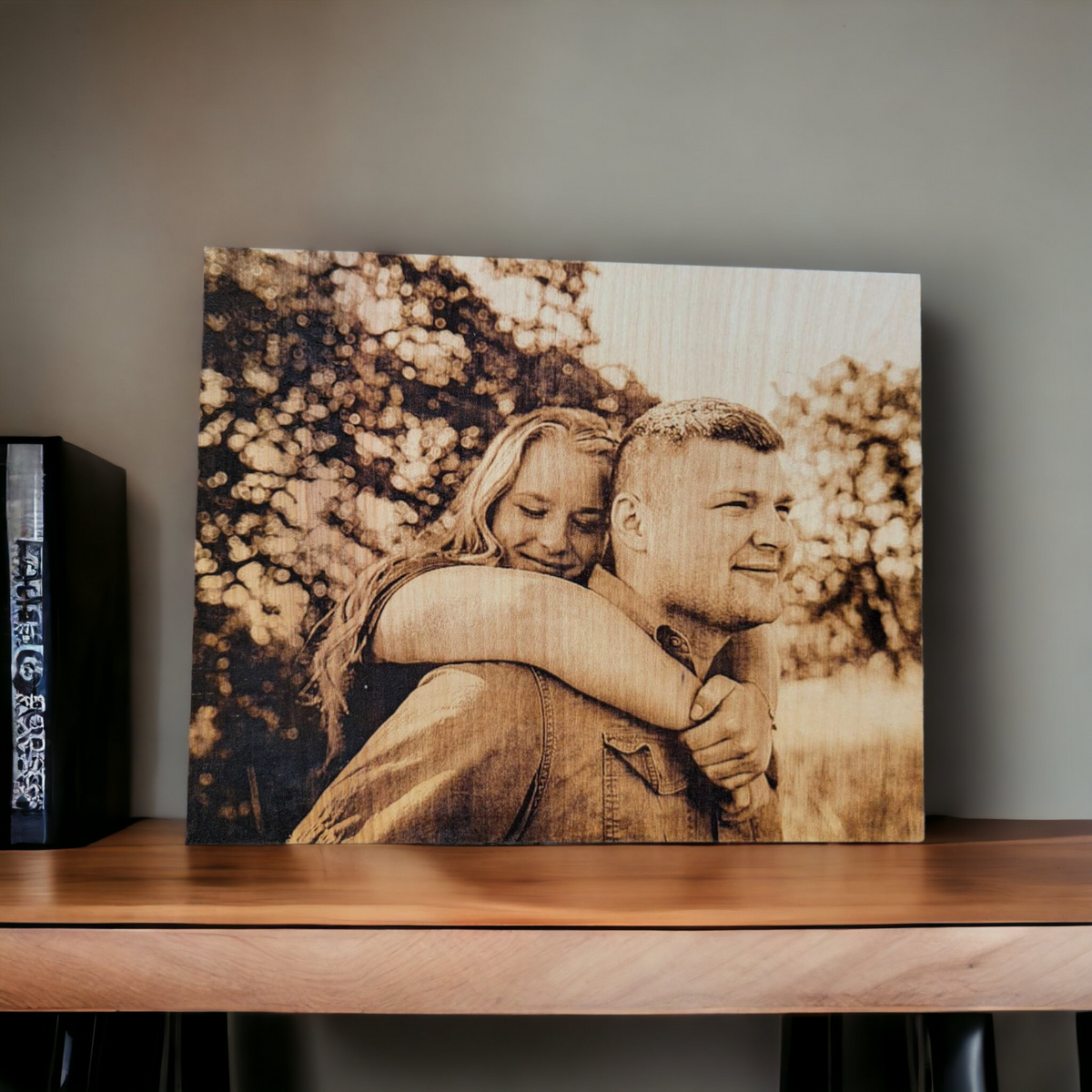 Personalized laser engraved wood photo displayed as a keepsake gift