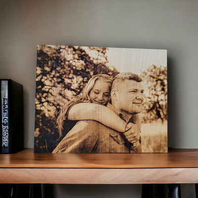 Personalized laser engraved wood photo displayed as a keepsake gift