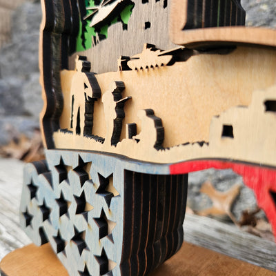 3D Sitting Soldier w/ Gun & Airplane Sign Layered Art - Rustiva