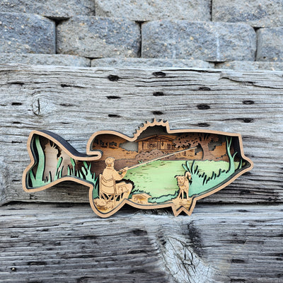 3D Bass Fishing Man with Dog Sign Layered Art - Rustiva