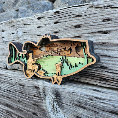 3D Bass Fishing Man with Dog Sign Layered Art - Rustiva