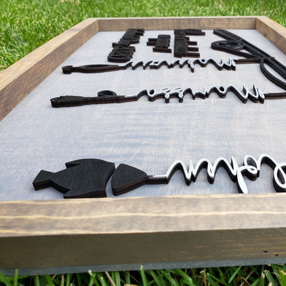 Father Day Fishing Pole Custom Sign  | Gray base - Black letters and pole - 1-4 names - Semper-KIK