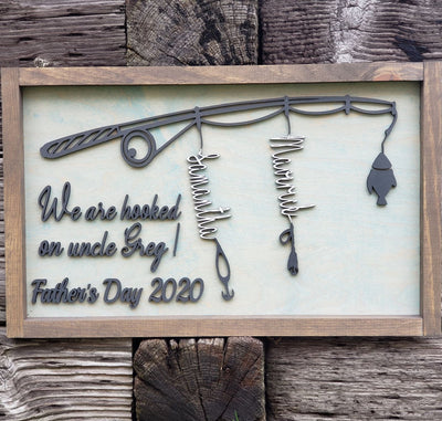 Father Day Fishing Pole Custom Sign  | Gray base - Black letters and pole - 1-4 names - Semper-KIK