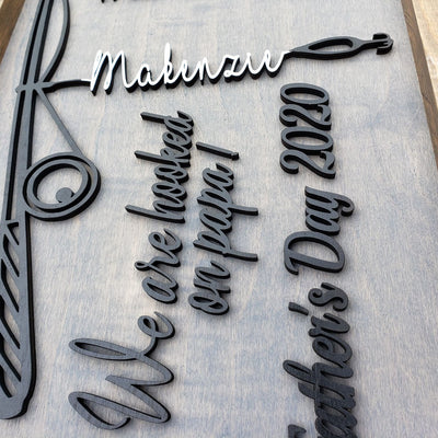 Father Day Fishing Pole Custom Sign  | Gray base - Black letters and pole - 1-4 names - Semper-KIK