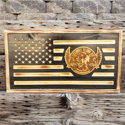 Rustic Wooden Flag  - 3D Harley Davidson Skull Legends never Die! - Semper-KIK