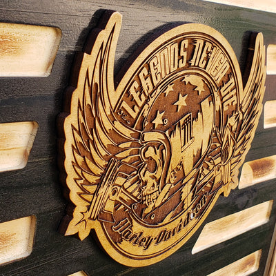 Rustic Wooden Flag  - 3D Harley Davidson Skull Legends never Die! - Semper-KIK