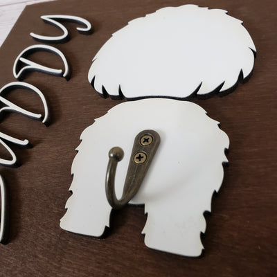 Personalized Dog Leash Holder For Wall - Dark Walnut base | White Dog and Name - Semper-KIK