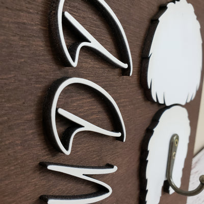 Personalized Dog Leash Holder For Wall - Dark Walnut base | White Dog and Name - Semper-KIK