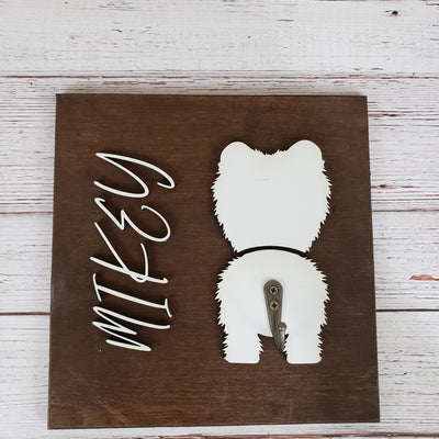 Personalized Dog Leash Holder For Wall - Dark Walnut base | White Dog and Name - Semper-KIK