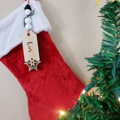 Custom Laser Cut Wood Stocking Tags - Snowflake design + Snowman beads - Semper-KIK