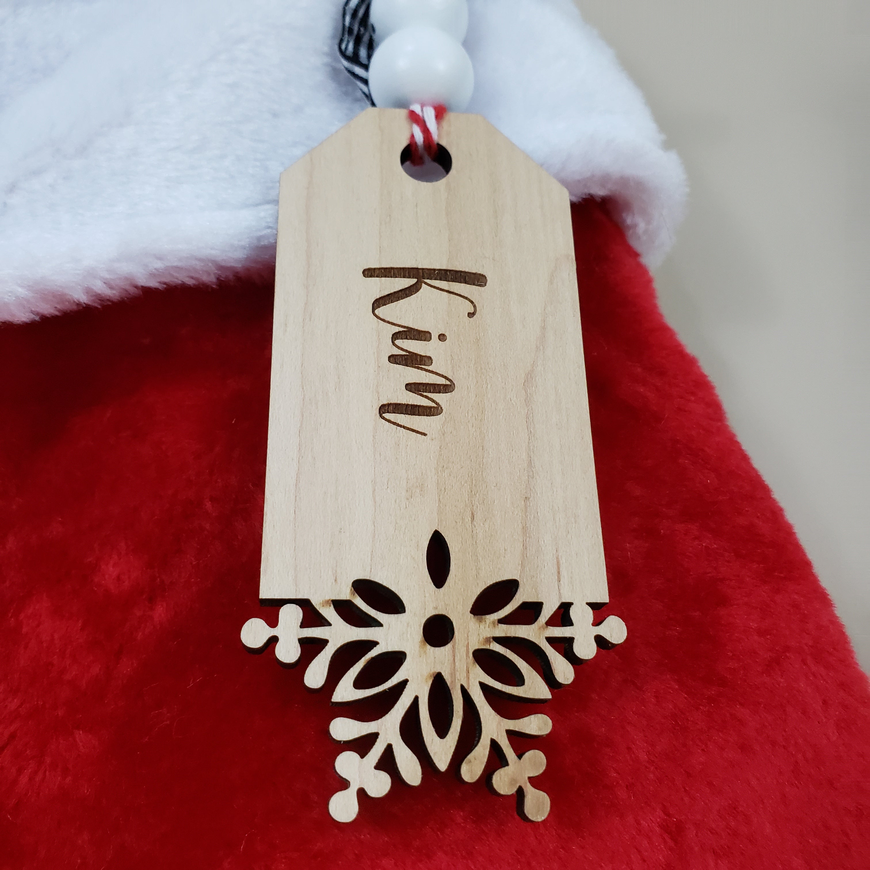 Custom Laser Cut Wood Stocking Tags - Snowflake design + Snowman beads - Semper-KIK