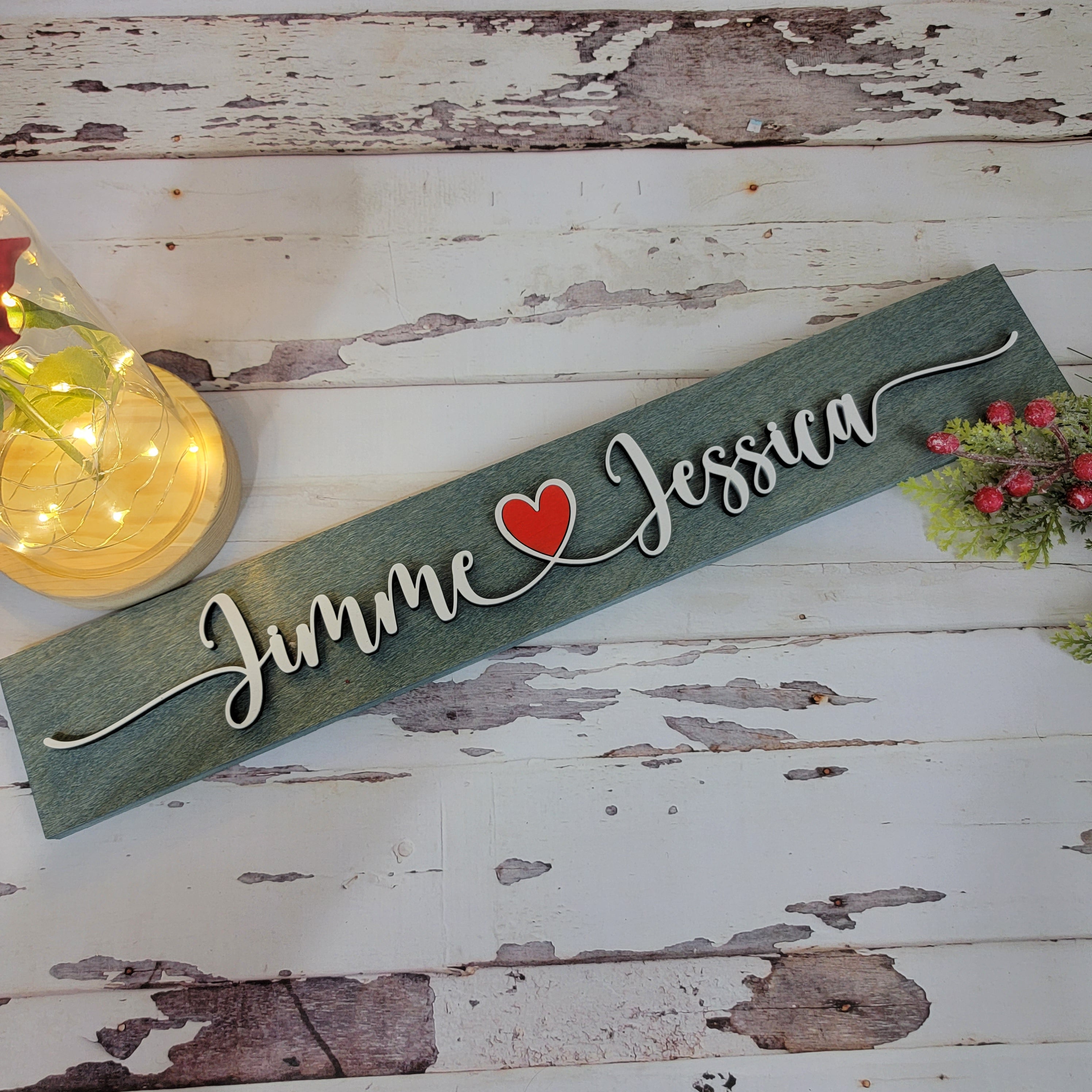 Couples name wooden sign 19"x3" with Red Heart - Free Shipping - Semper-KIK