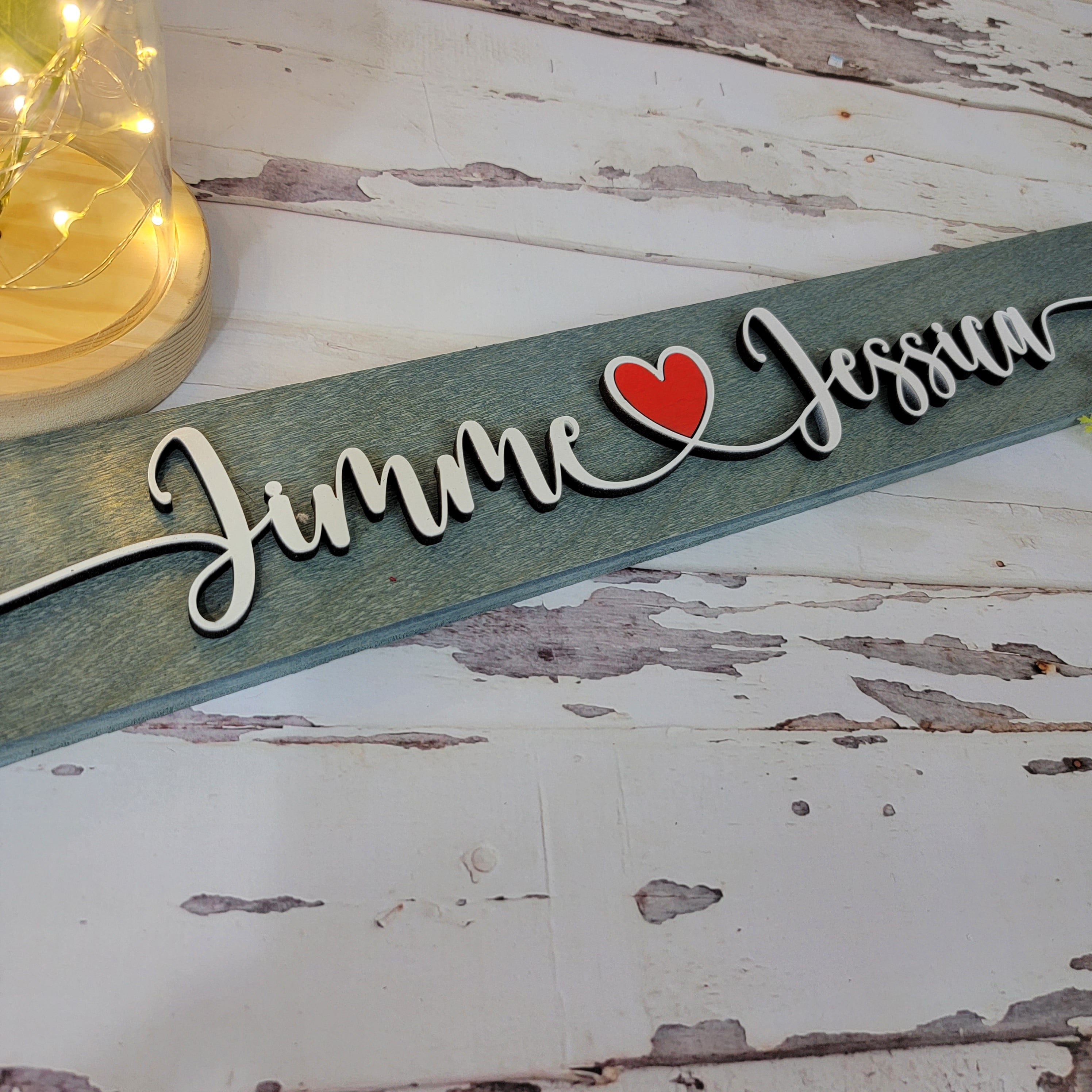 Couples name wooden sign 19"x3" with Red Heart - Free Shipping - Semper-KIK