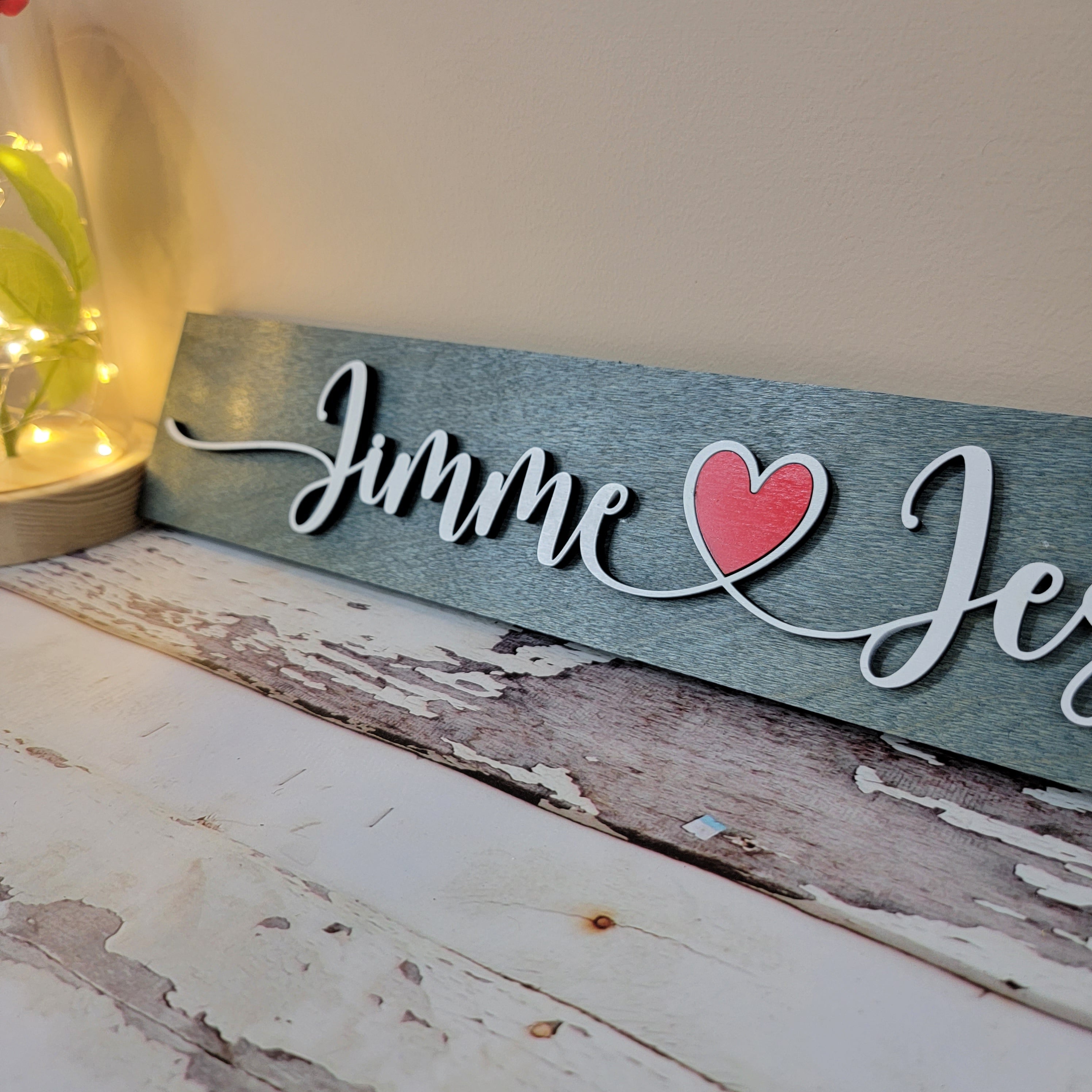 Couples name wooden sign 19"x3" with Red Heart - Free Shipping - Semper-KIK