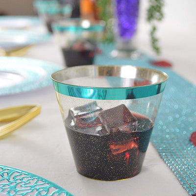 Totally Teal Disposable Cups. 9 oz Glitter Plastic Cups (Set of 100) with Shiny Turquoise Trim - Tiffany Blue and Teal Party Supplies for Wedding Cups, Under the Sea, Mermaid Decorations, Baby Shower - Semper-KIK