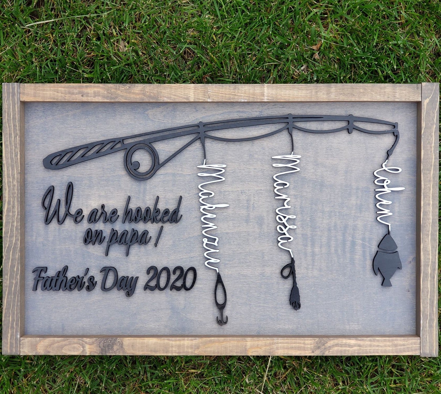 Father Day Fishing Pole Custom Sign  | Gray base - Black letters and pole - 1-4 names - Semper-KIK