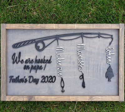 Father Day Fishing Pole Custom Sign  | Gray base - Black letters and pole - 1-4 names - Semper-KIK