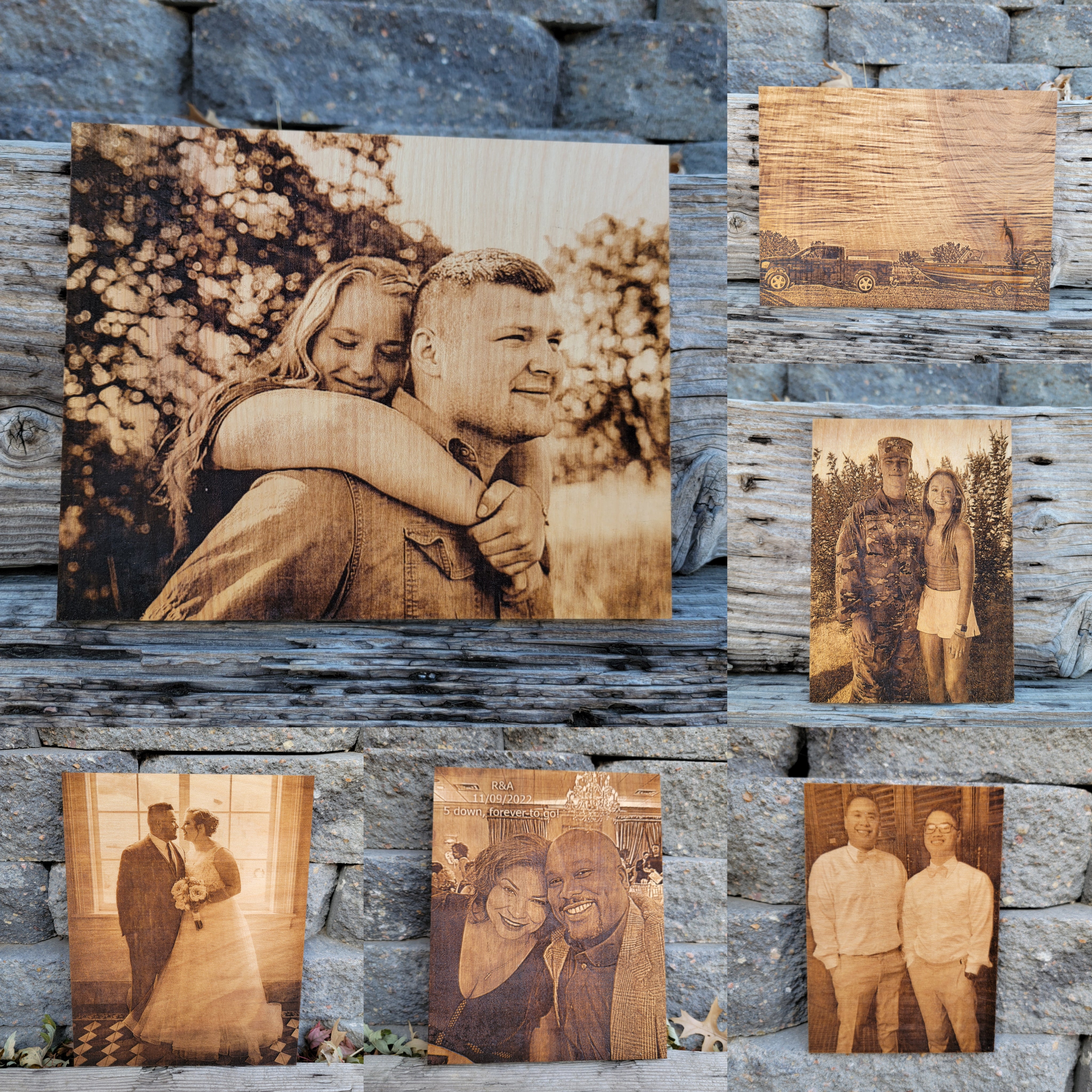 Close-up detail of a photo professionally laser engraved into wood